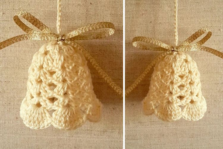 Two pictures of crocheted bells hanging on a string.