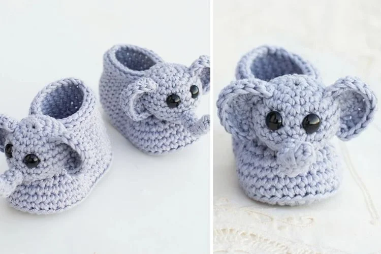 A pair of crocheted elephant baby shoes.