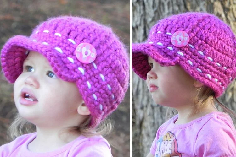 Two pictures of a little girl wearing a purple crocheted hat.