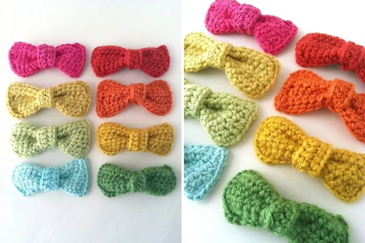 A set of crocheted bows in different colors.