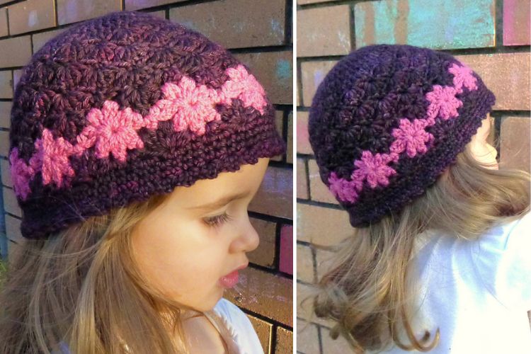 Two pictures of a little girl wearing a crocheted hat.