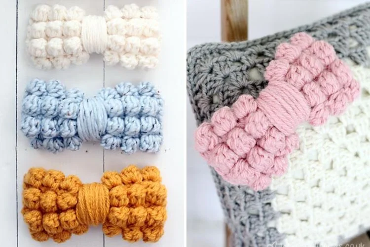 A crocheted pillow with different colors of crocheted bows.