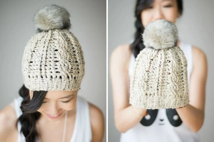 Two pictures of a woman wearing a knitted hat with a furry pom pom.