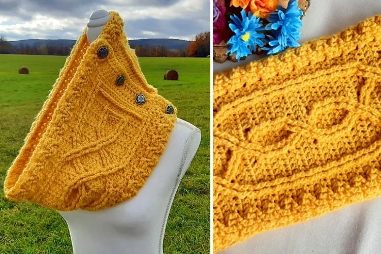 A yellow crochet cowl with buttons on a mannequin.