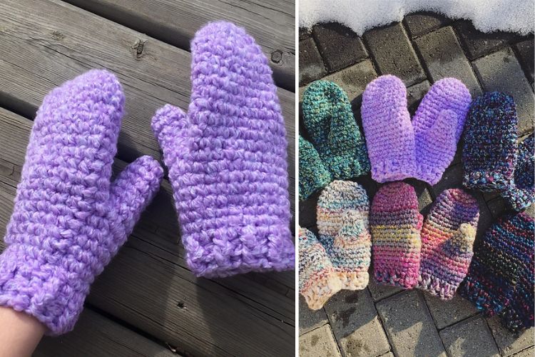 Crocheted mittens with different colors of yarn.