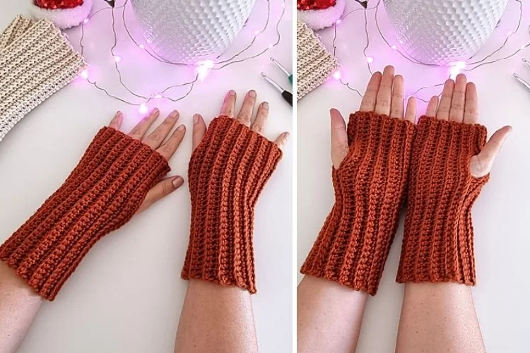 A pair of crocheted fingerless gloves.