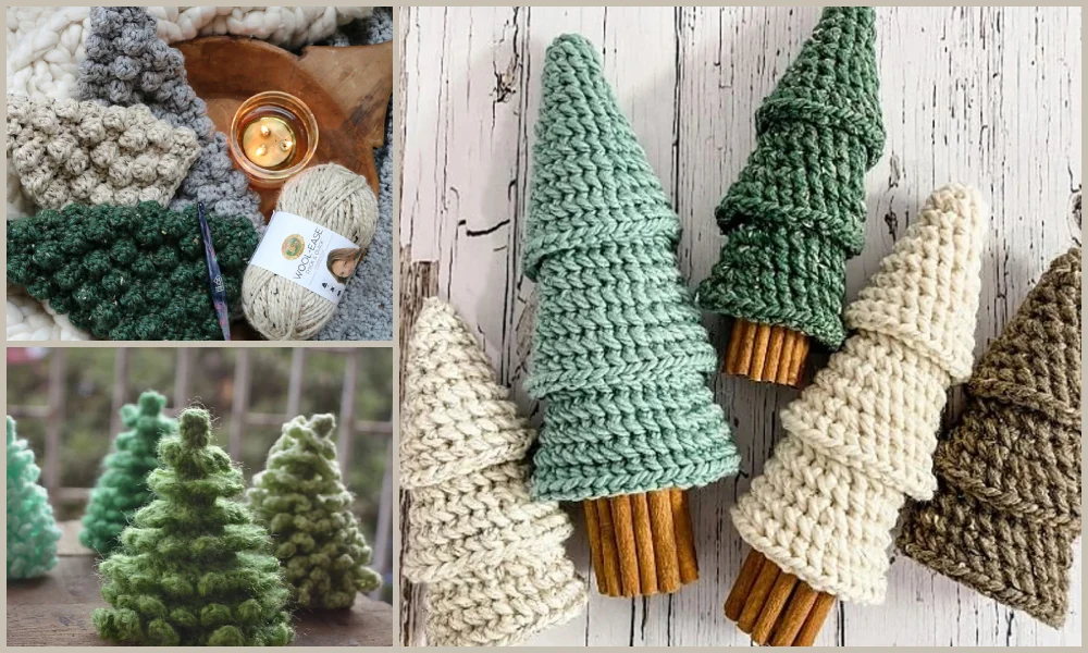 A collage of pictures of crocheted christmas trees.