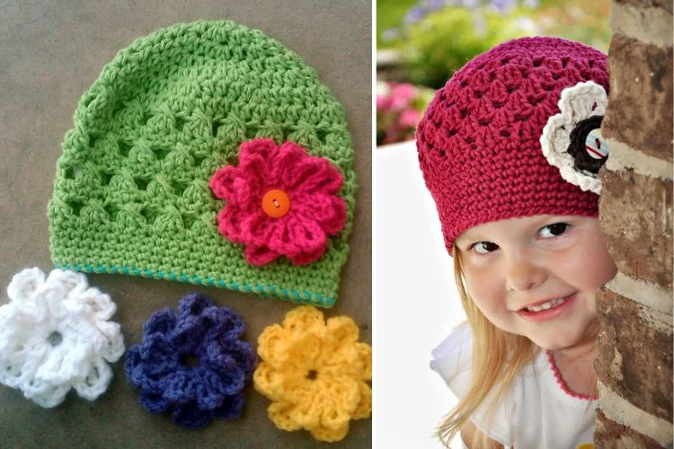 Two pictures of a little girl wearing a crocheted hat with flowers.