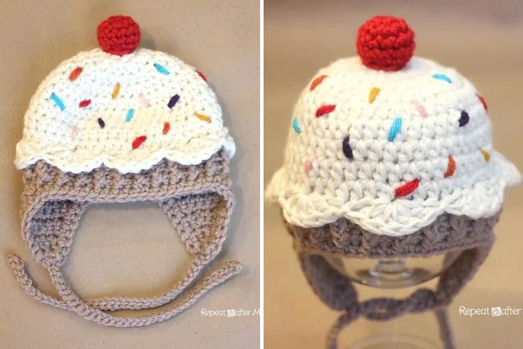 Two pictures of a crocheted cupcake hat.