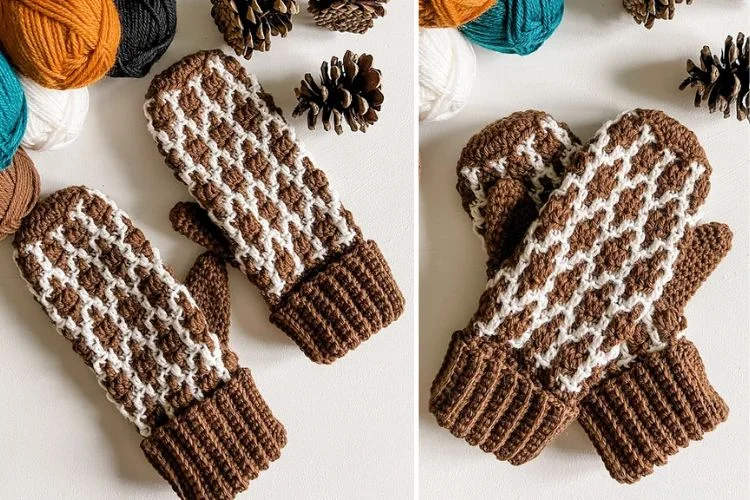 Two pictures of knitted mittens with yarn and pine cones.