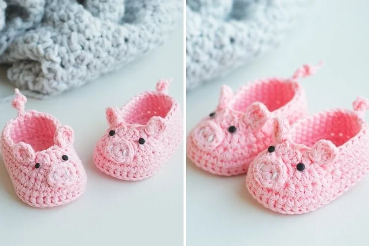 Crocheted pig baby shoes.