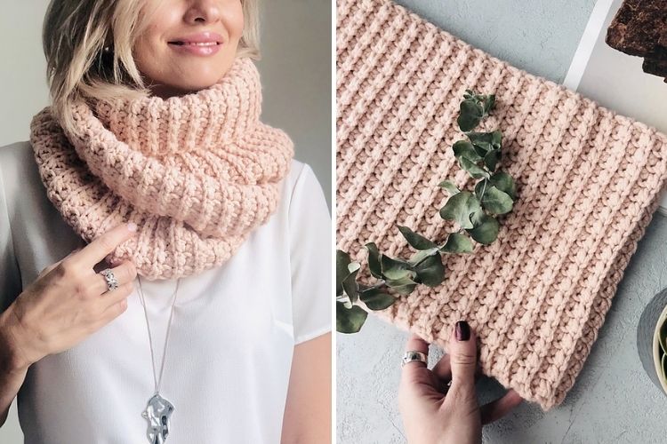 Two pictures of a woman wearing a pink knitted scarf.