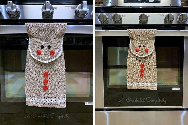 Two pictures of a crocheted gingerbread man hanging on a stove.