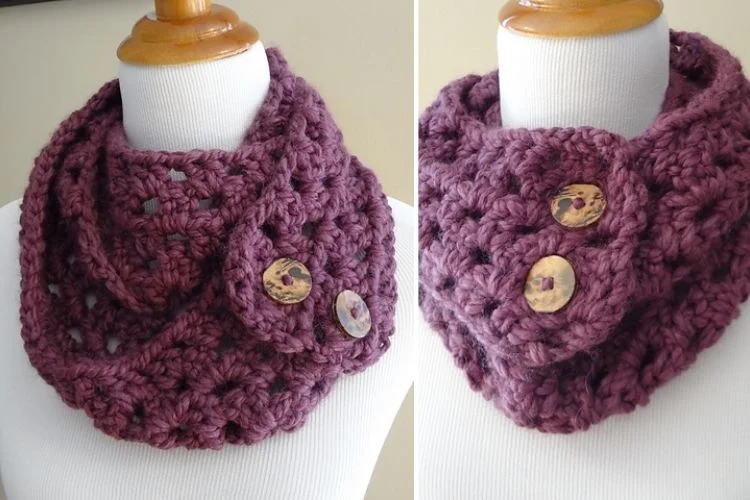 Two pictures of a purple crocheted cowl with buttons.