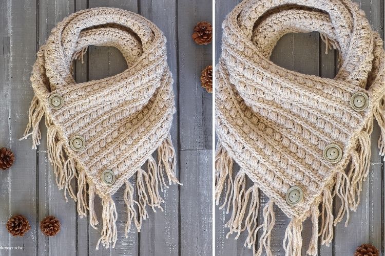 Two pictures of a crocheted scarf with tassels.