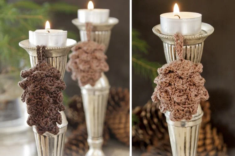 Crochet pine cone candle holders.