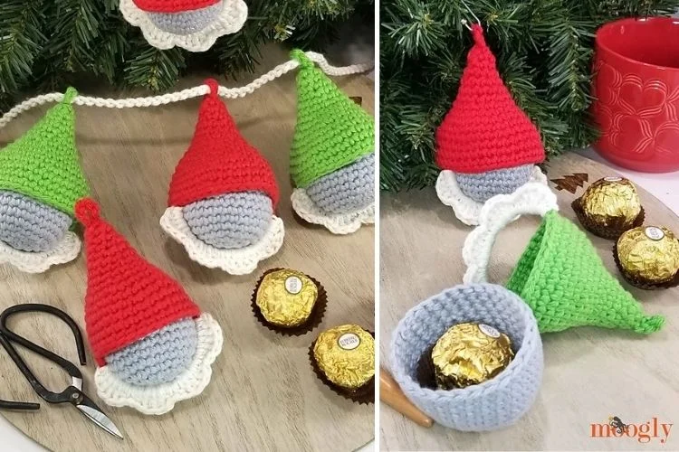 Crocheted gnomes with chocolates and a christmas tree.