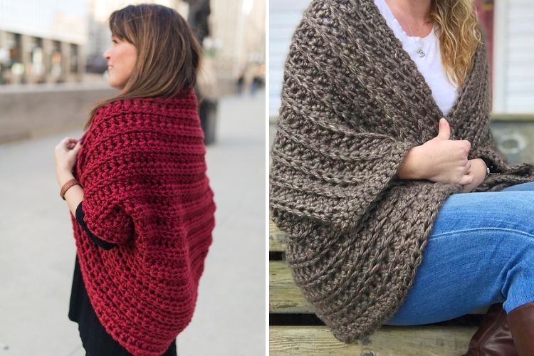 Two pictures of a woman wearing a crocheted poncho.