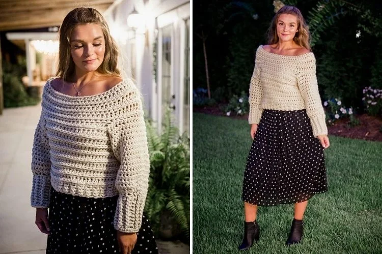 Two pictures of a woman wearing a polka dot sweater and a polka dot skirt.