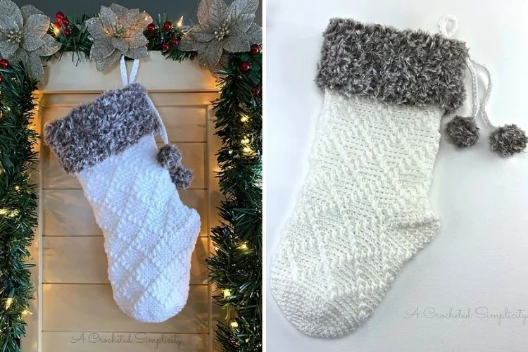 Two pictures of knitted christmas stockings hanging on a wall.