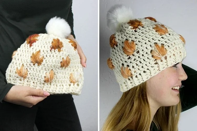 Two pictures of a woman wearing a crocheted hat.