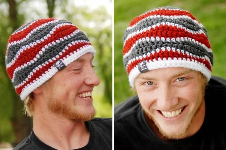 Two pictures of a man wearing a crocheted beanie.