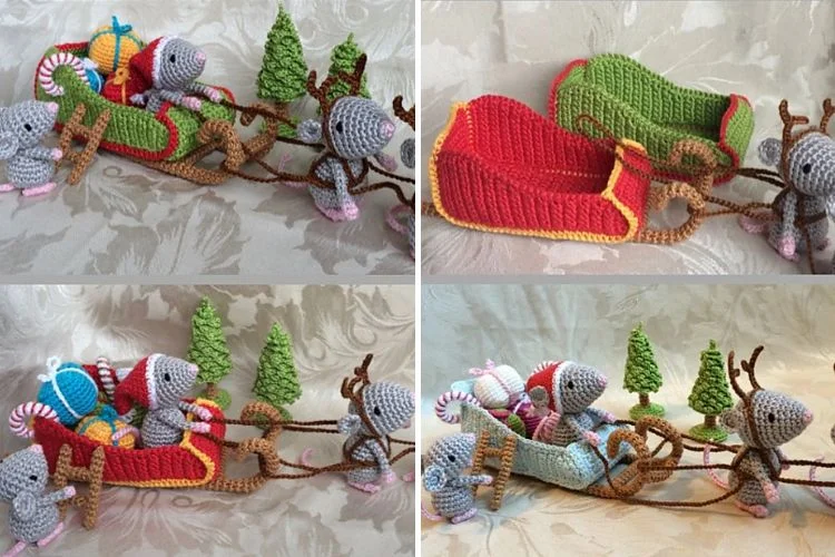 Four pictures of Christmas mice in Santa's sleigh.