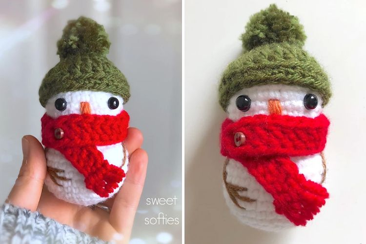 Two pictures of a crocheted snowman.