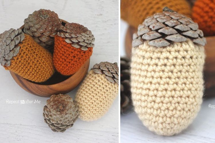 Crocheted pine cones in a bowl.