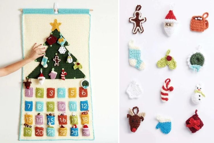 A crocheted christmas advent calendar hanging on a wall.