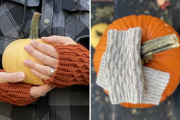 A pair of knitted gloves and a pumpkin.