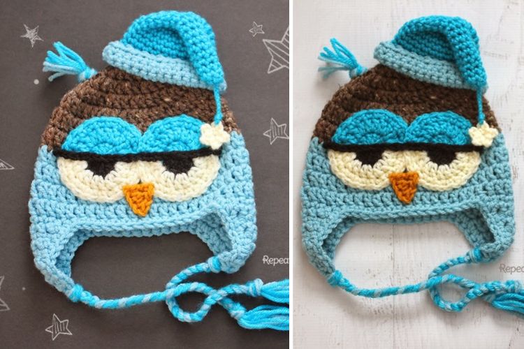 Two pictures of crocheted owl hats.