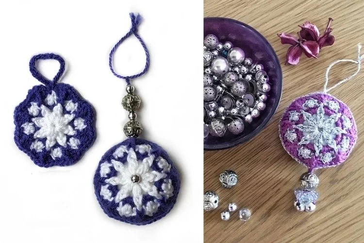 Two pictures of crocheted ornaments on a table.