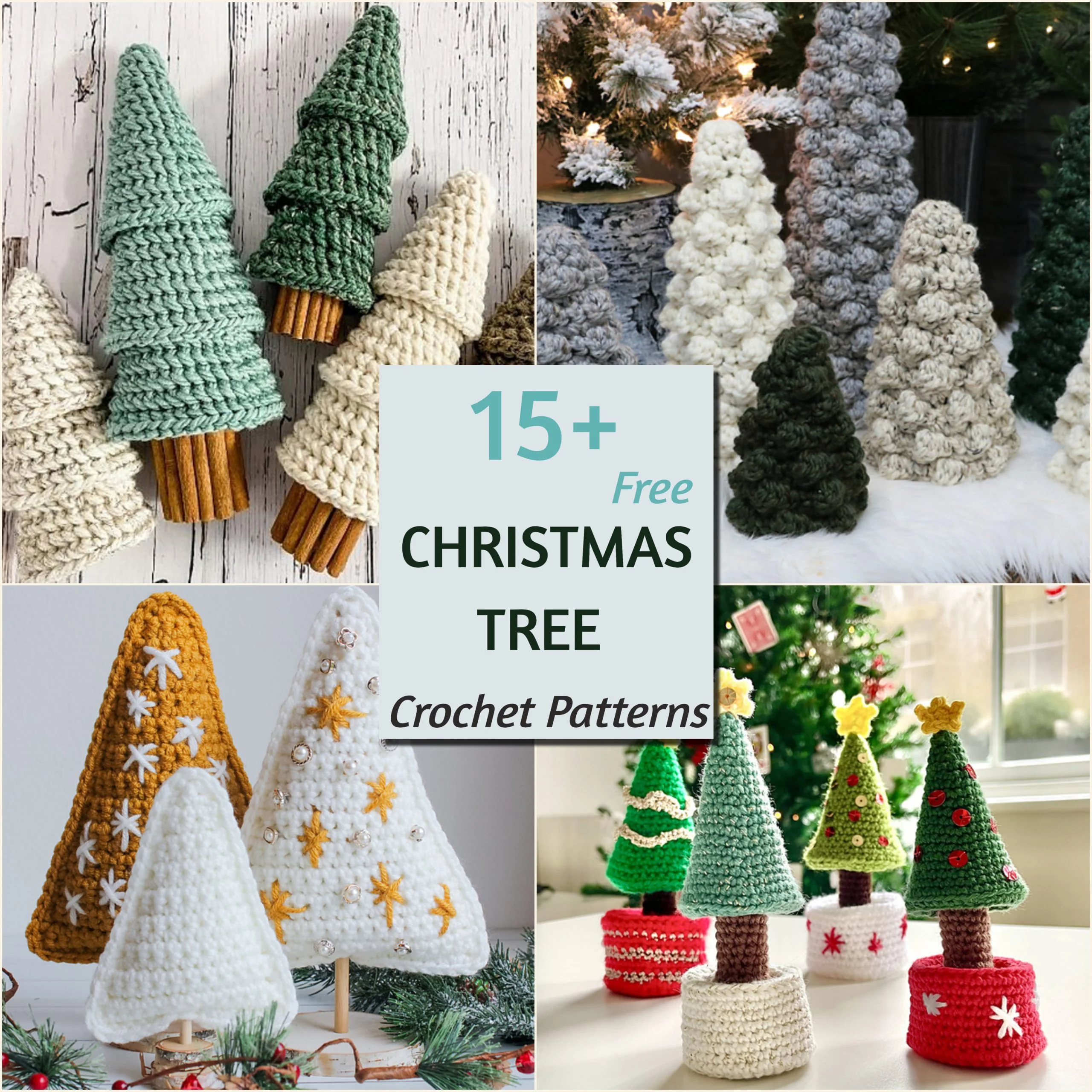 Collage of crocheted Christmas trees in various colors and patterns, displayed indoors with festive decorations; text reads “15+ Free Crochet Christmas Tree Patterns.”.