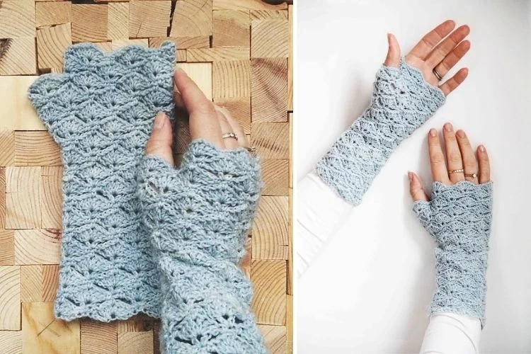 blue crochet fingerless gloves