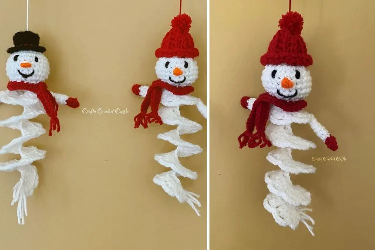 Two pictures of crocheted snowman ornaments hanging on a wall.