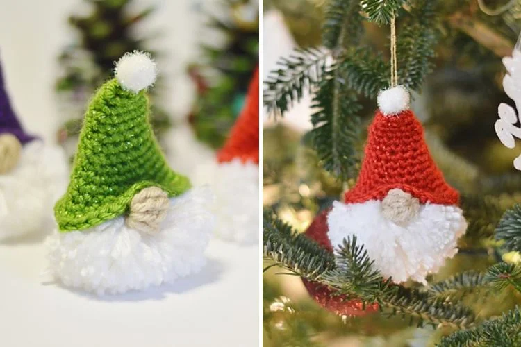 Crocheted gnome ornaments hanging on a christmas tree.