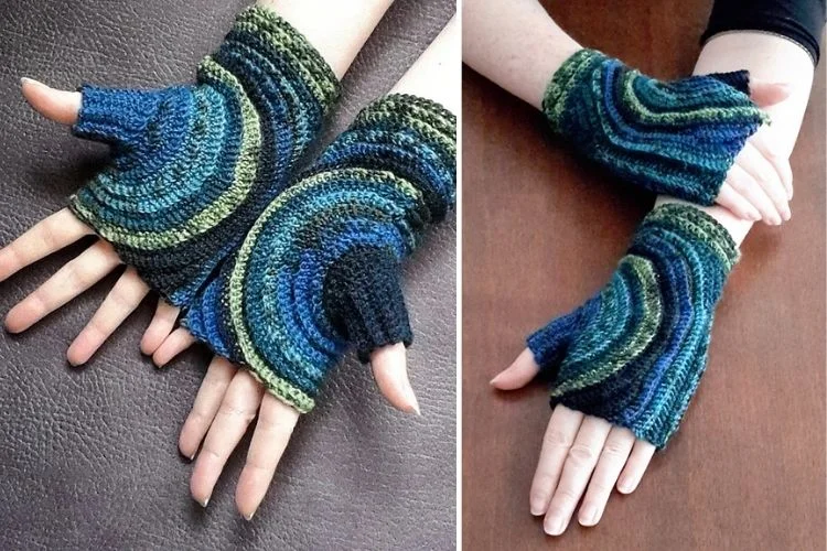 A pair of knitted fingerless mitts with a blue and green pattern.