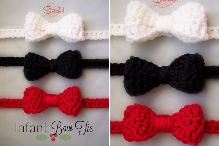 A set of crocheted bow ties in black, red and white.