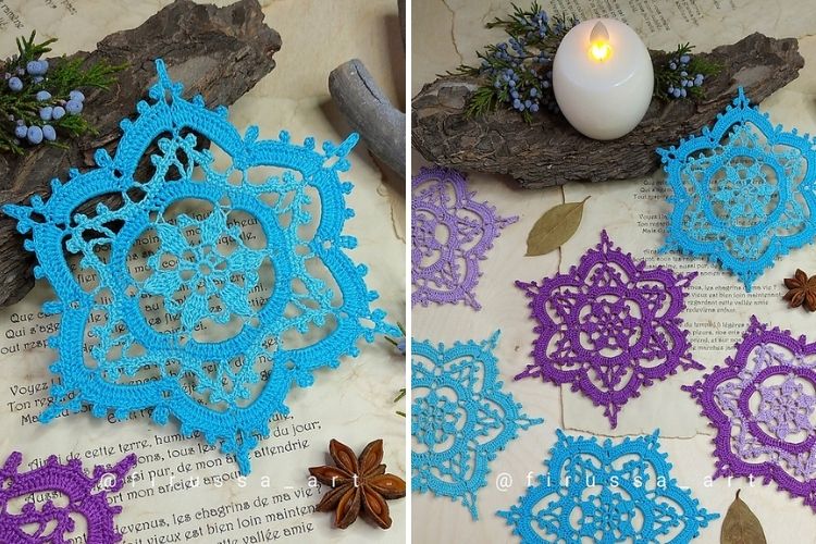 A set of blue and purple lace doilies on top of a book.