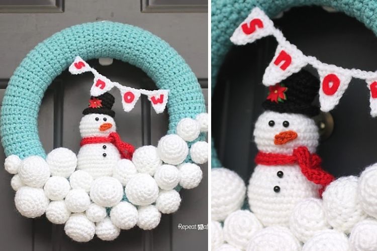 A crocheted snowman wreath on a door.