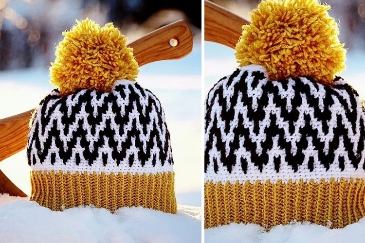 Two pictures of a knitted beanie with a shovel in the snow.