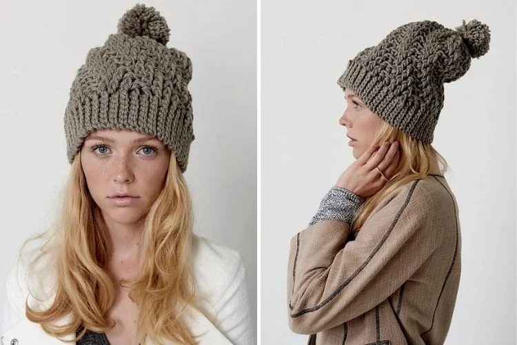 Two pictures of a woman wearing a knitted beanie.