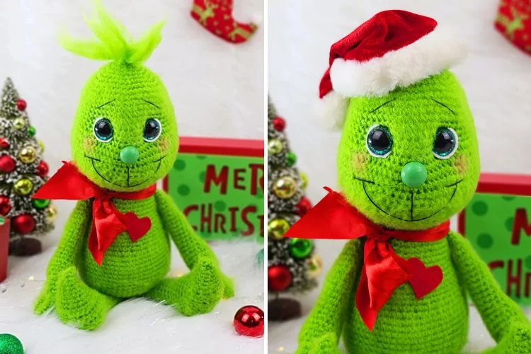 Two pictures of a [green crocheted toy] with a [santa hat].