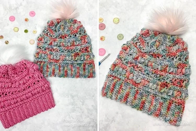 Two pictures of crocheted hats with pom poms.