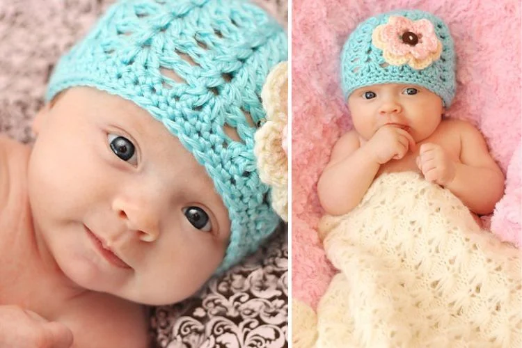 Two pictures of a baby wearing a crocheted hat.