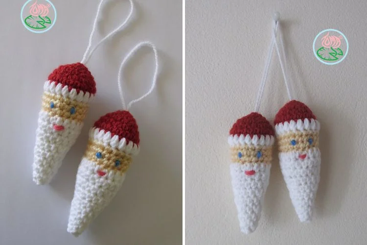 Two pictures of crocheted santa claus ornaments.