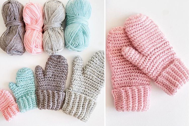 Crocheted mittens with different colors of yarn.