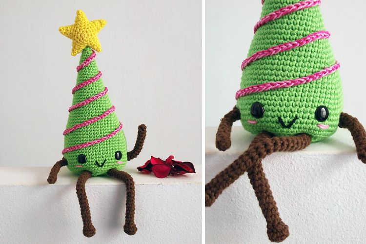 Two pictures of a crocheted christmas tree.