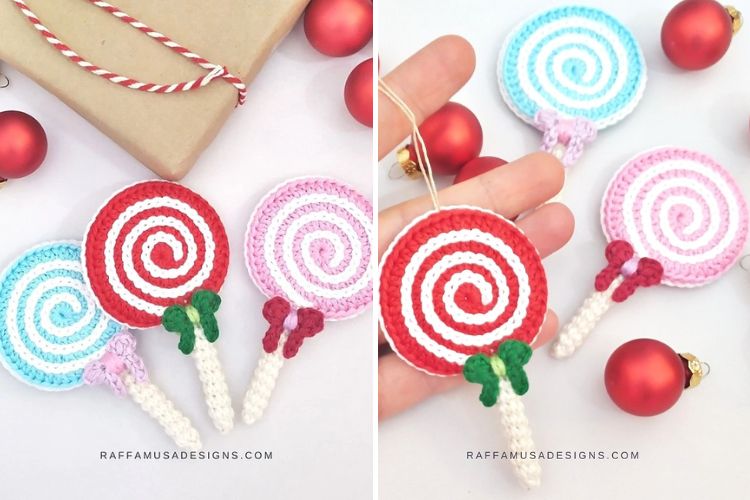 Crocheted lollipop ornaments with christmas decorations.